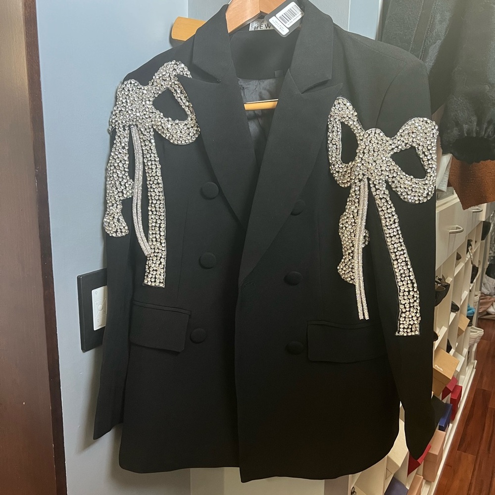 Stylish Black Blazer with Embellished Bows